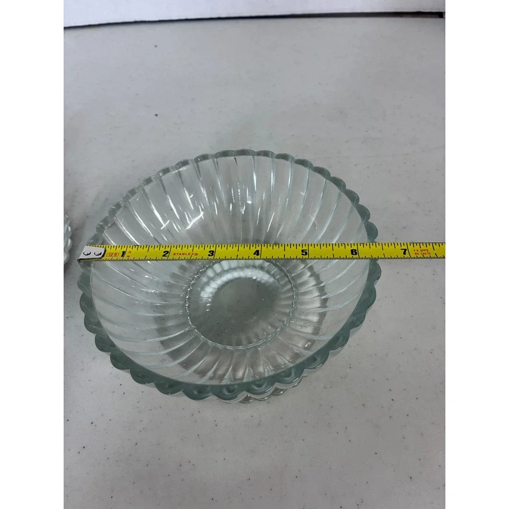 Vintage Clear Ribbed Pressed Glass Footed Candy Dish with Lid Scalloped Pedestal